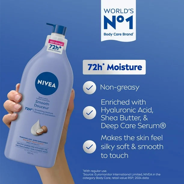 NIVEA Smooth 72-Hr Moisturizing Body Lotion for Dry Skin with Hyaluronic Acid